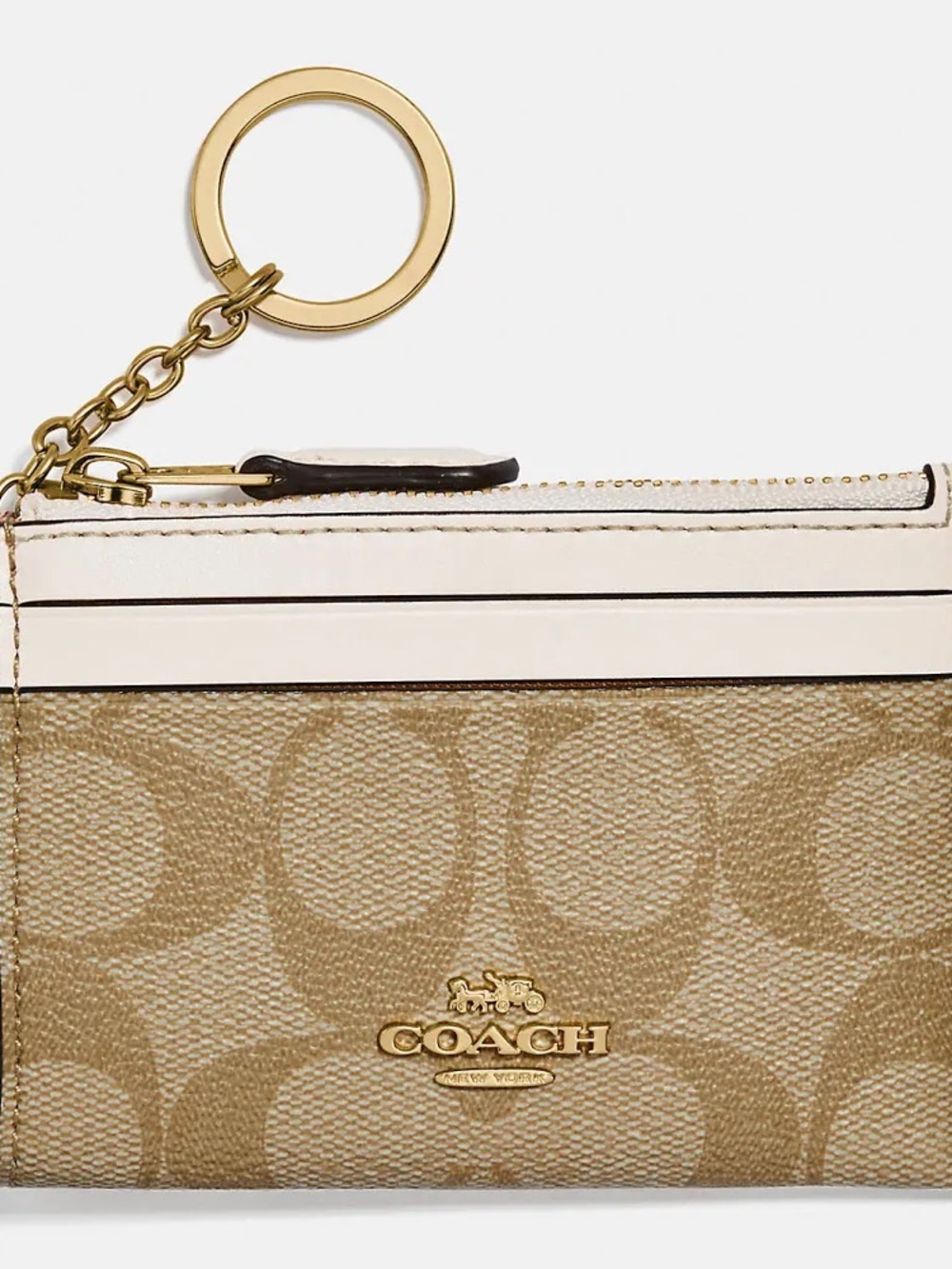 COACH Signature Canvas Card Case Keyring in Tan and Cream with Gold Hardware